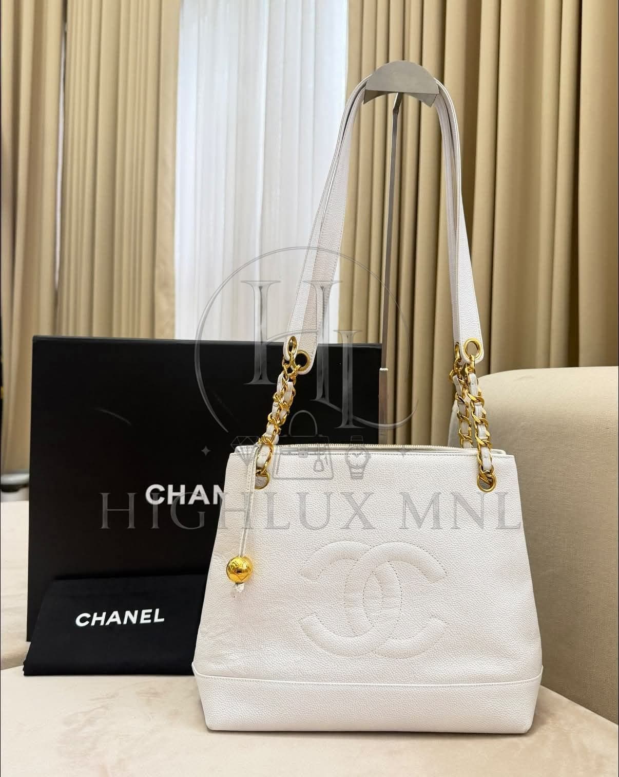 Chanel Vintage White Caviar Tote Chain Bag